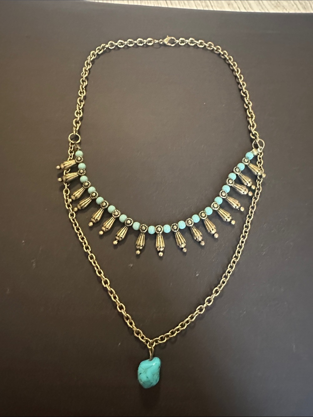 Turquoise Accent Double-Layer Necklace - Gold Tone